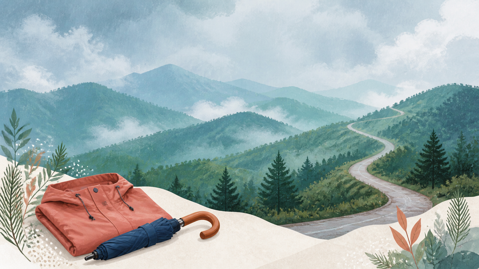 Illustration of a rain jacket and umbrella beside misty green mountain ridges and a winding road